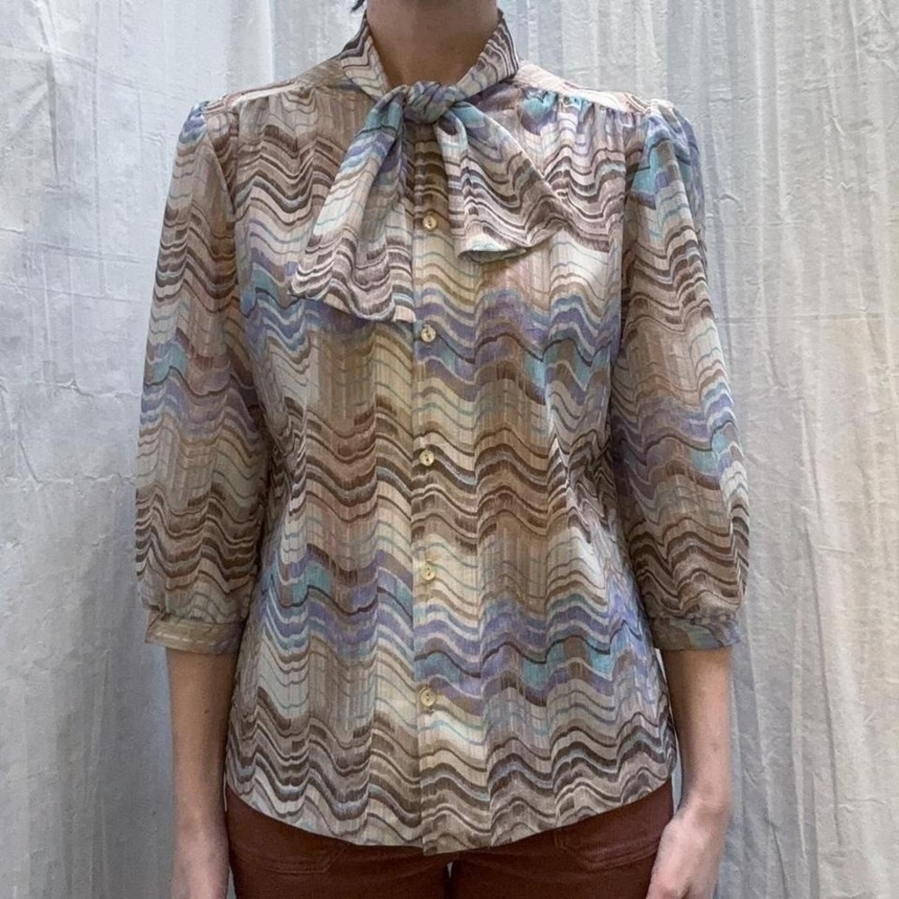 Tan and Blue Wavy Sheer Blouse with Neck Tie Vintage 70s Teddi of California S